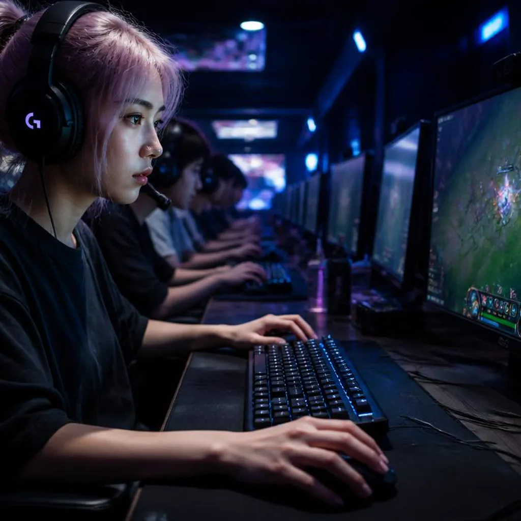 Focused player at a glowing station in the dim lounge corner