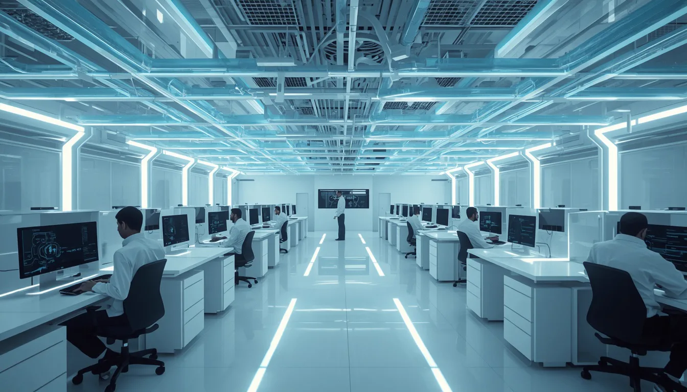 Bright white PC gaming club with rows of station rigs under cool ceiling lighting